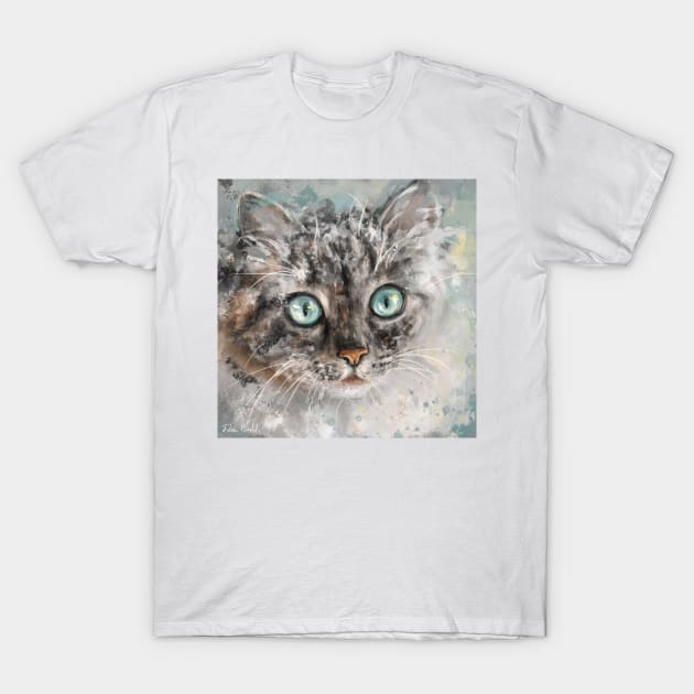 Chaotic Painting of a Grey and White Cat with Gorgeous Light Blue Eyes T-Shirt by ibadishi